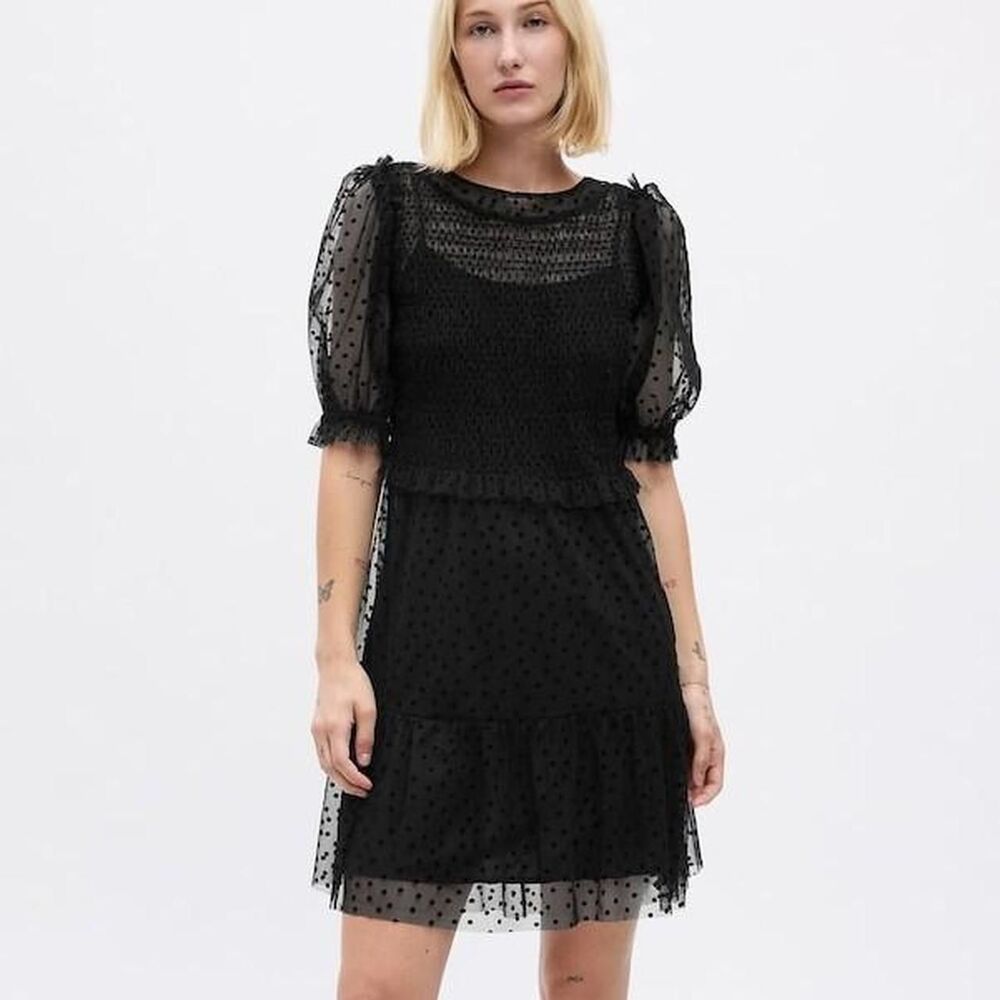 Goth Grunge Black Mesh Polka Dot Smocked Tiered Puff Sleeve Dress